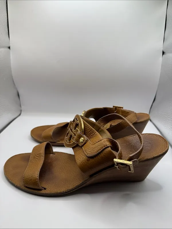 Tory Burch Amanda Brown Leather Logo Medallion Wedge Sandals Size 9.5M - Image 5