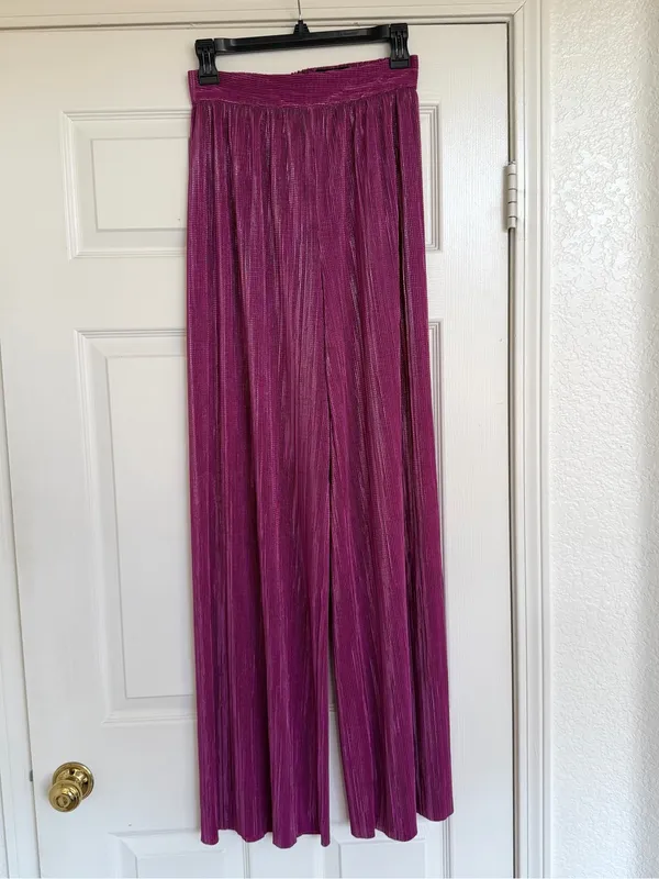 Sabina Musayev Revolve Tom Wide Leg Pleated Shimmer High Waist Pants Purple S - Image 2