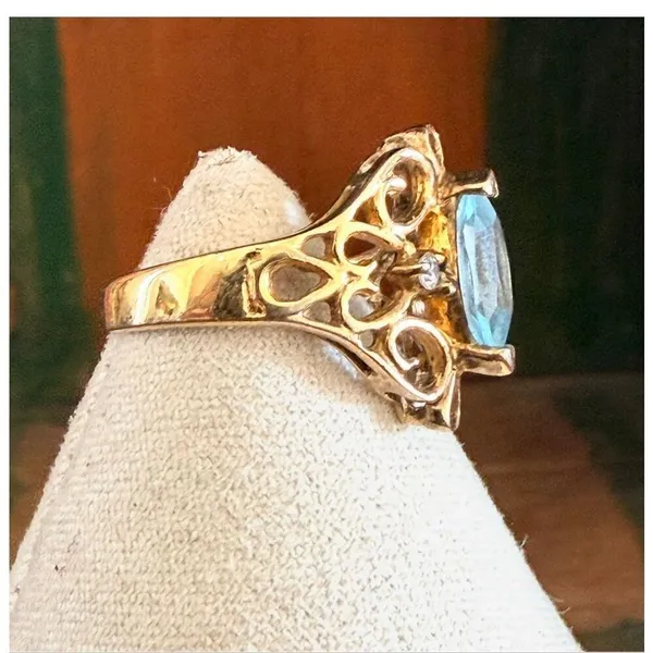 Vintage Sterling Silver Gold Vermeil Filigree Ring Blue Marquise Stone 925 Ring - Image 4