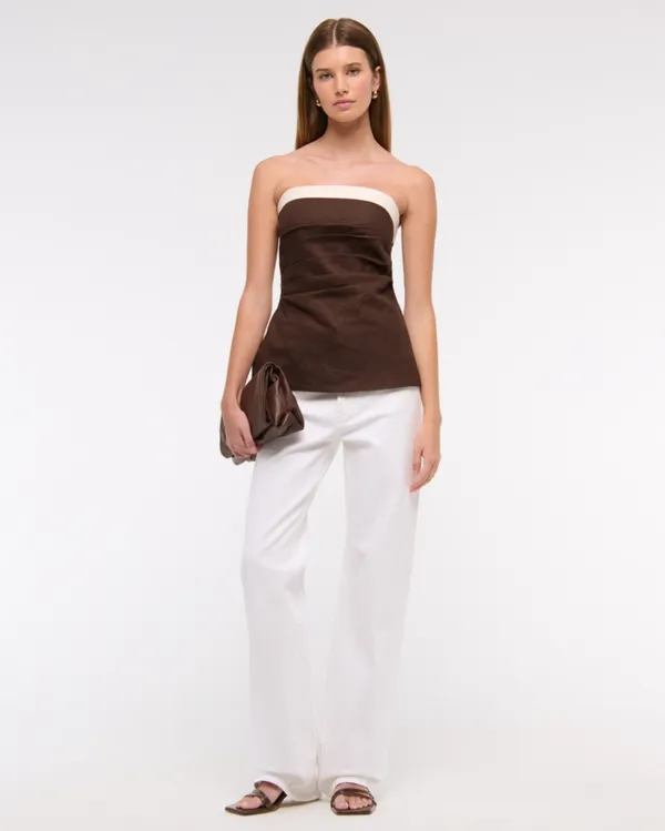 Abercrombie and Fitch AnF Dark Brown White Beige Linen Blend Tube Top Blouse - Image 2