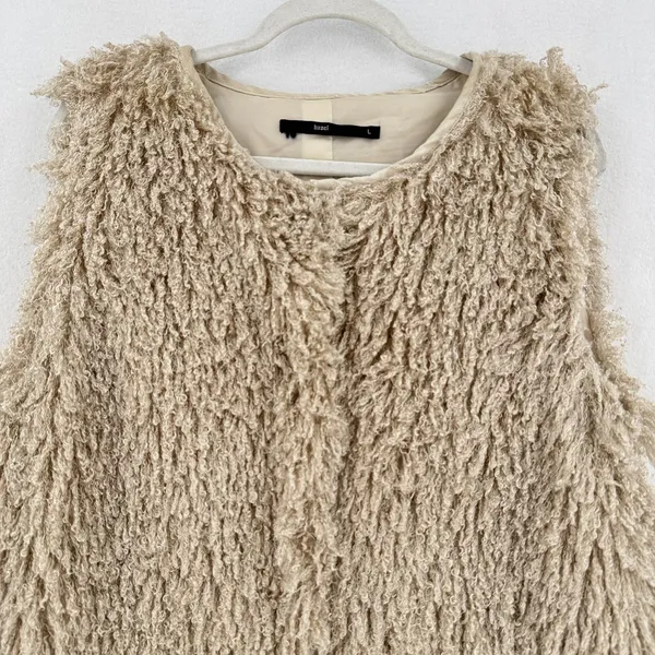 Anthropologie Hazel Long Shaggy Vest L Beige Snap Close Pockets Boho Lagenlook - Image 3