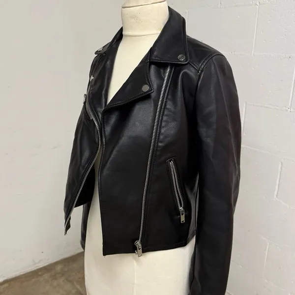 Stradivarius Genuine Leather Moto Biker Jacket Black Size S - Image 3