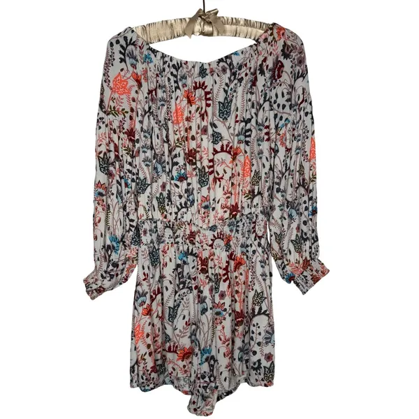 Free People M Floral Long Sleeve Off Shoulder Romper Open Back‎ Shorts Blouson - Image 3