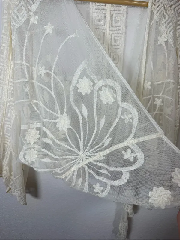 Boho Sheer Floral Embroidered Lace Kimono Crochet Scallop Festival L - Image 7