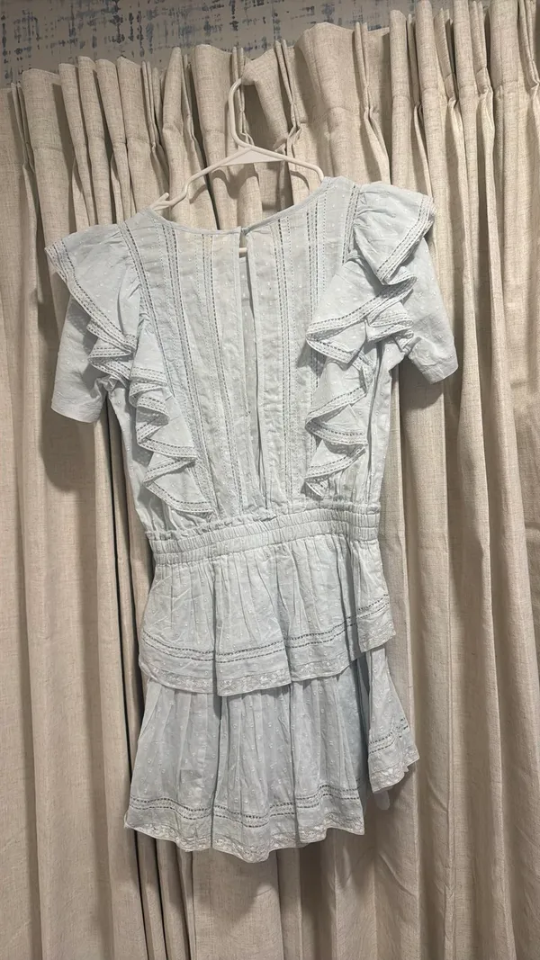 light blue LoveShackFancy eyelet ruffle-tiered mini dress Petite - Image 3