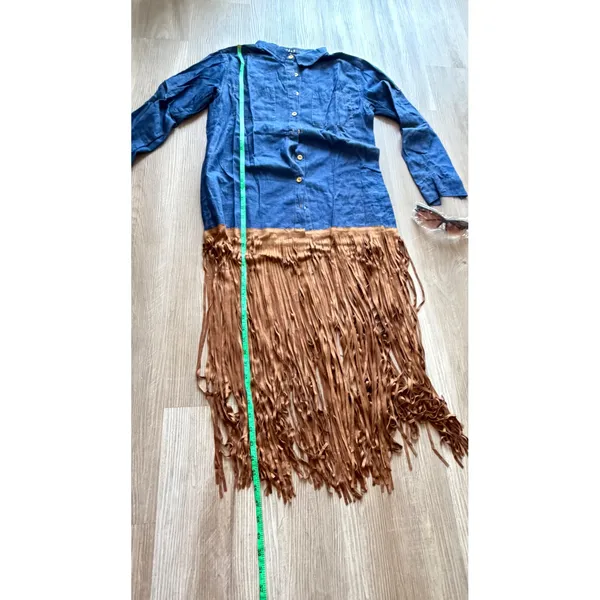 Set sunglasses & Blue Chambray Shirt Dress with Brown Faux Suede Fringe Hem - M - Image 9