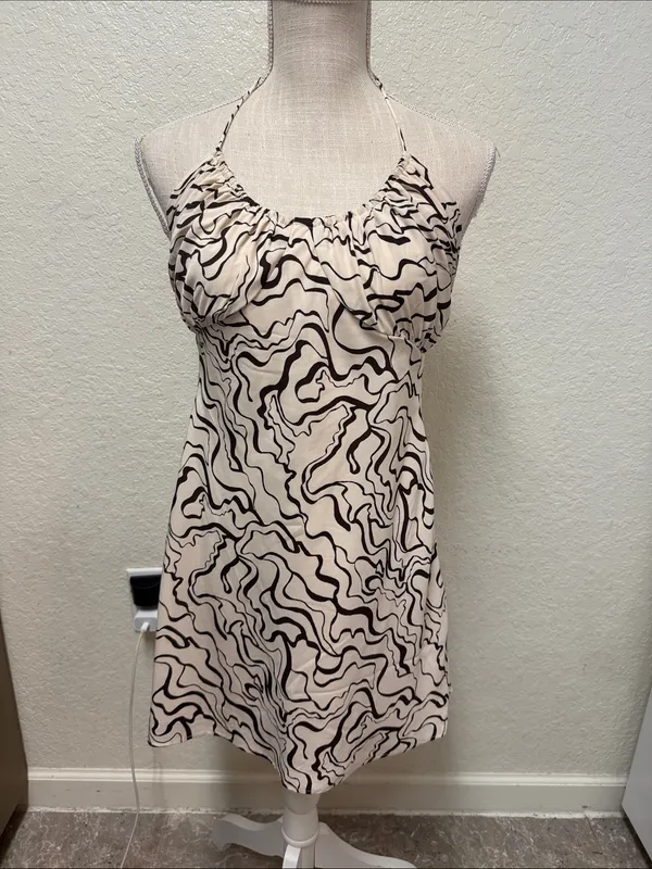 Abercrombie & Fitch Cream Halter Dress with Dark Brown Abstract Swirl - Small - Image 2