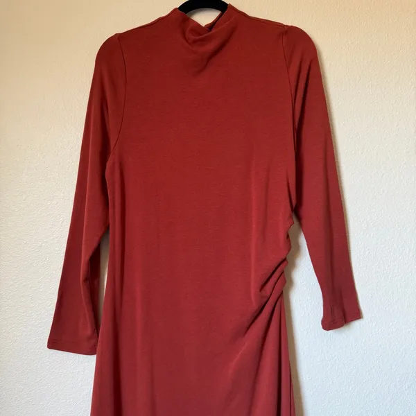 OGL Eco-Mousse ProWarm Long Sleeves Mockneck Tucks Midi Dress Rust Red XL - Image 4