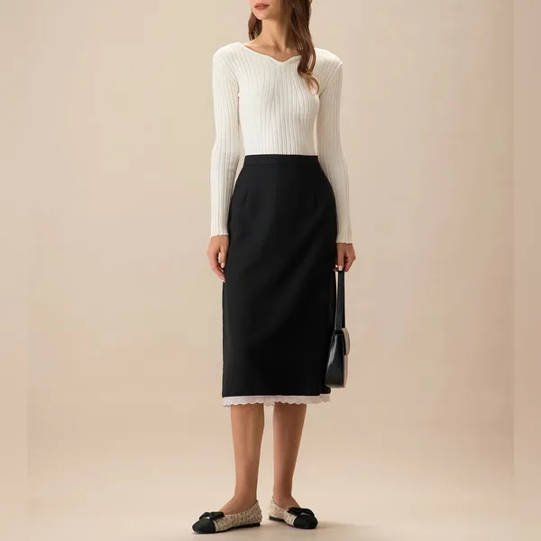 Rihoas Black Contrasting Slit Midi Skirt - Image 2