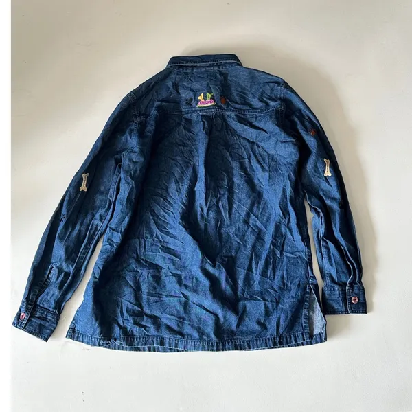 Quaker Factory Vintage Denim Embroidered Dog Shirt Blue Button Down Medium - Image 5