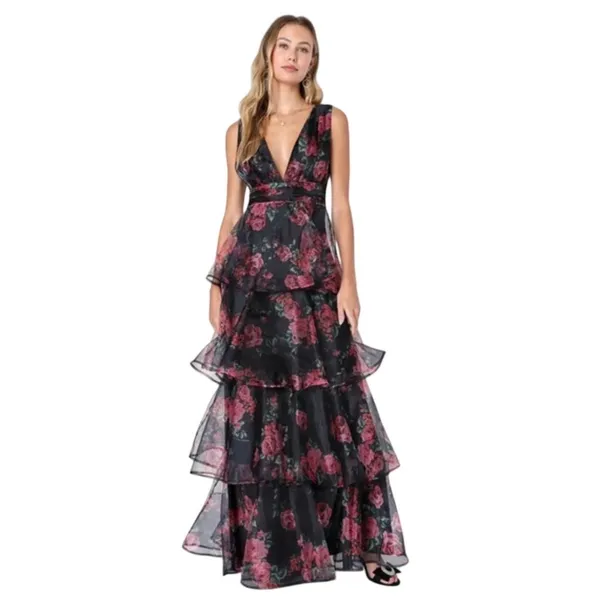 Lulus Black Floral Tiered Ruffle‎ Maxi Dress Sleeveless V-Neck Small NWT - Image 2