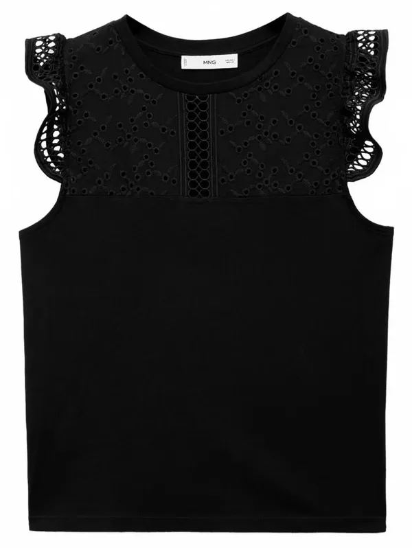 Mango Cotton Top with Lace Neckline NWT Black Small - Image 2
