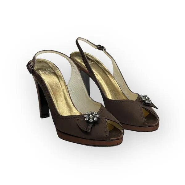 Stuart Weitzman ❤︎ Metallic Silk Peep Toe Slingback Heeled Sandals ❤︎ Chocolate - Image 11