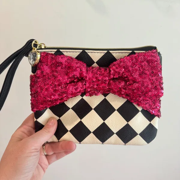 Betsey Johnson Checkered Wristlet Pink Sequin‎ Bow Heart Charm Clutch Bag - Image 2