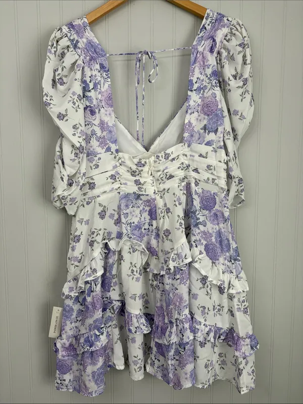 New For Love & Lemons Rosalyn Mini Dress White Lilac Floral Women Size Large - Image 5