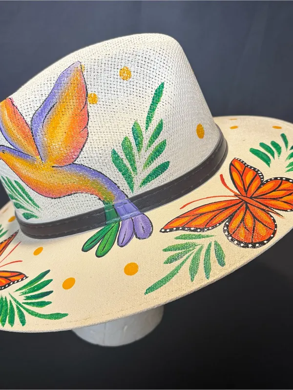 Hand-Painted Ivory Wide-Brim Hat with Orange Butterfly & Multicolor Hummingbird - Image 2