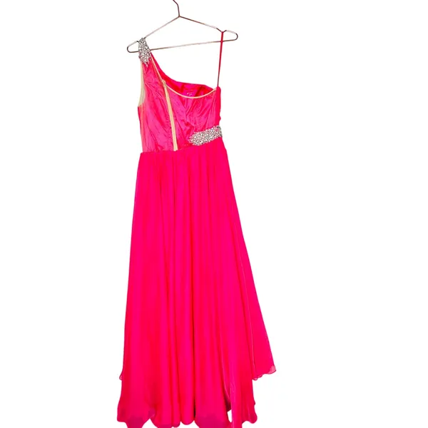 ASHLEYLAUREN Hot Pink Pleated Crystal Pearl Beaded One Shoulder Gown Size 8 - Image 3