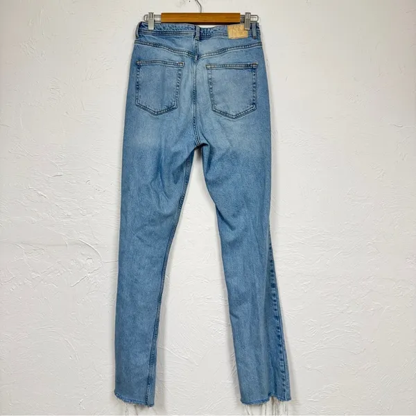 Zara Blue High Rise Straight Leg Jeans Womens 6 Slit at Ankle Button Fly Light - Image 9