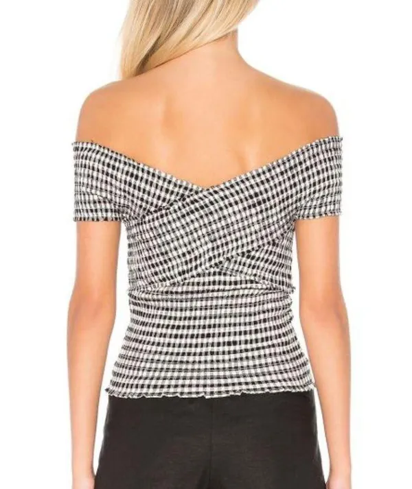 Revolve Cupcakes Cashmere Bowman Top Off-The-Shoulder Smocked Gingham Wrap Bardot Blouse - Image 2