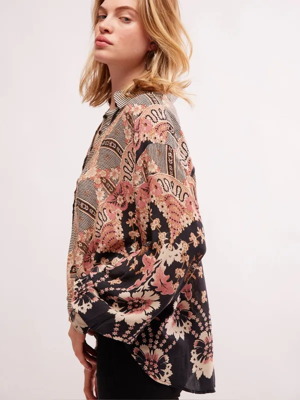 Free People Virgo Baby Floral Boho Oversized Button Up Shirt Black‎ Multi Medium - Image 2