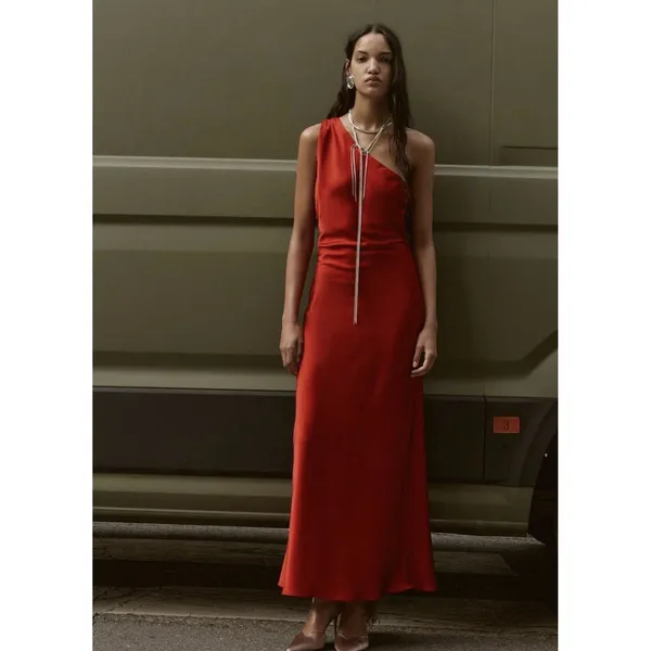 Zara Red Asymmetrical One Shoulder Satin Gown Maxi Dress Formal Grecian Holiday - Image 9
