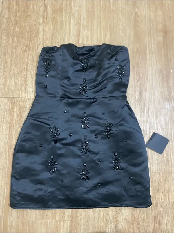 Lulu's Black Strapless Beaded Satin Mini Dress - Image 3