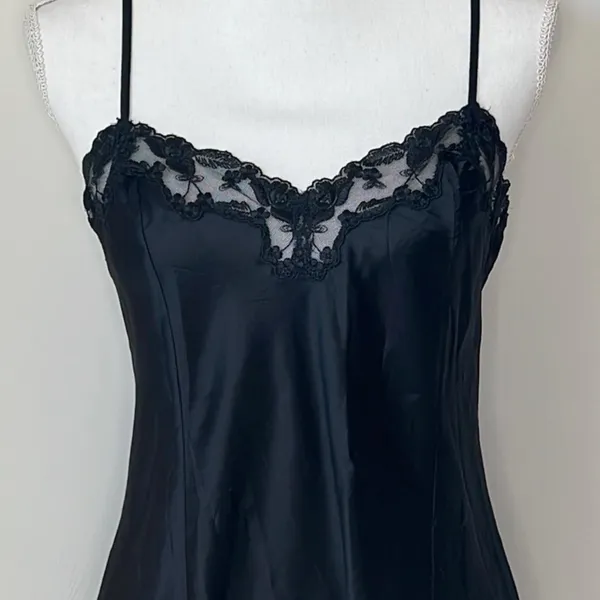 Victoria’s Secret Vintage 1990’s black silk slip dress mini dress floral lace - Image 2