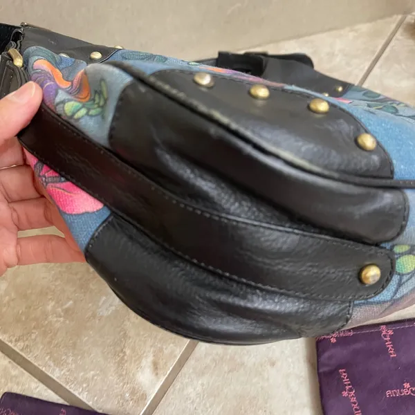 Anuschka Hand Painted Leather Hobo Bag Blue Tropical Bird Floral coin&cell case - Image 10