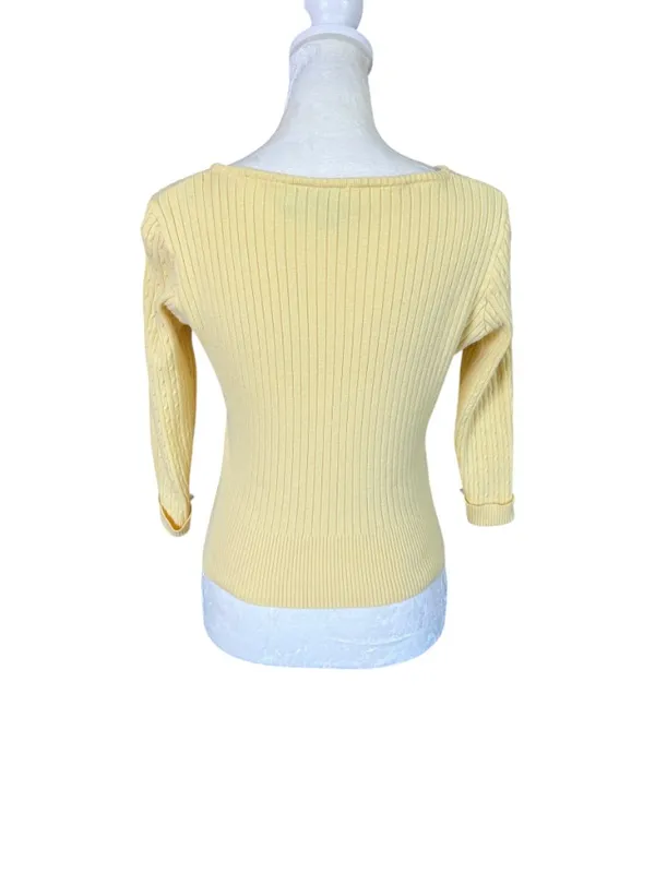 Women's yellow ribbed knit 3/4 sleeve button down top cuffed sleeves size M - Image 4