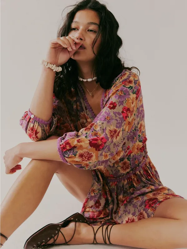 Free People Floral V-Neck Mini Dress in Lavender & Peach - Image 4
