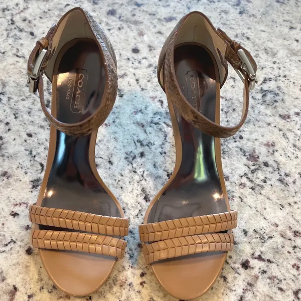 Coach Hally Sandals Womens 6.5 Tan Snakeskin Woven Stiletto Heels A3921 Animal - Image 2