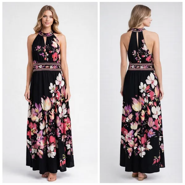 Wisp Floral Halter Maxi Dress Black Pink Purple Size‎ 6 Butterfly Whimsigoth - Image 2