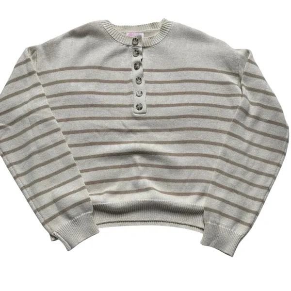 Pink Lily Striped Button Neck Sweater Cream Tan Small Coastal Grandma - Image 6
