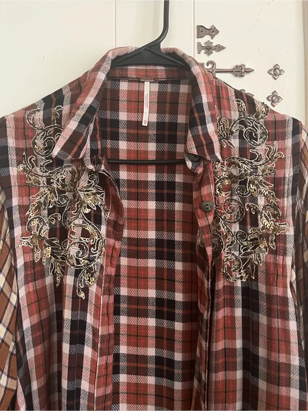 Free People SNOW TOP MOUNTAINS Red Plaid Shirt with Embroidered Sequins - Image 4