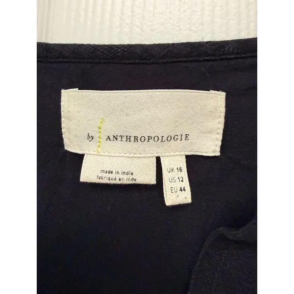 Anthropologie‎ Orla Mini Dress Embroidered Puff Sleeve V-Neck Navy Blue Cream 12 - Image 4