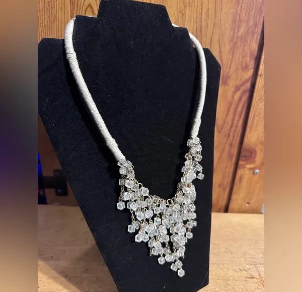Cord Wrapped Silver Tone Acrylic beaded Chandelier Necklace - Image 3