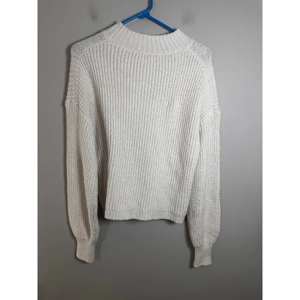 J.Crew‎ Womens Ivory Cotton Blend Cable Knit Mockneck Sweater Classic Fit Size M - Image 5