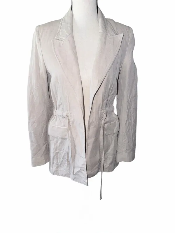Mango Beige Linen Blend Blazer Utility Office Jacket Size XS Drawstring Waist - Image 2