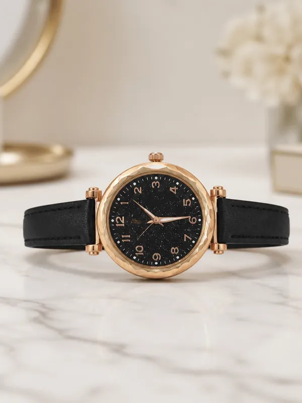 Geneva Rose Gold Case Black Starry Dial Leather Strap Women's Watch - Image 3