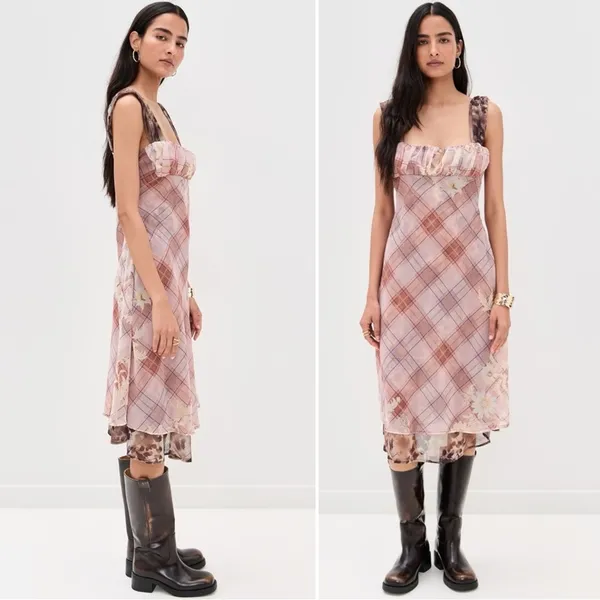 Free People Femme Grunge 90s Y2K Morning Dew Plaid Floral Midi Slip Dress Large - Image 7