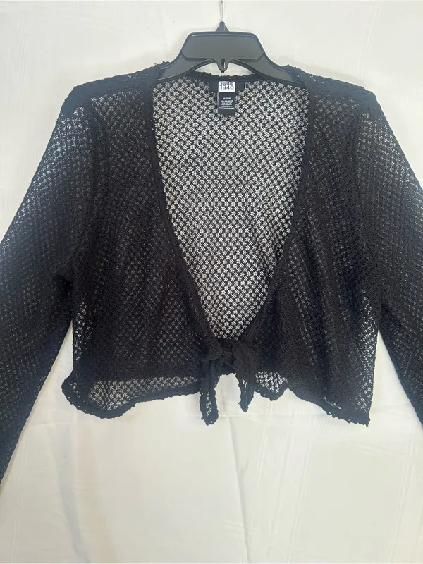 18/20 Black Open-Knit Tie-Front Cardigan cropped lightweight Fashion Bug y2k - Image 2