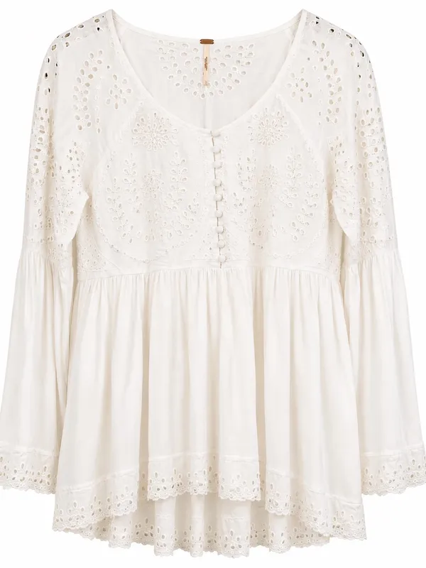 Free People White Eyelet Embroidered Peplum Tunic Blouse Size S Boho - Image 2