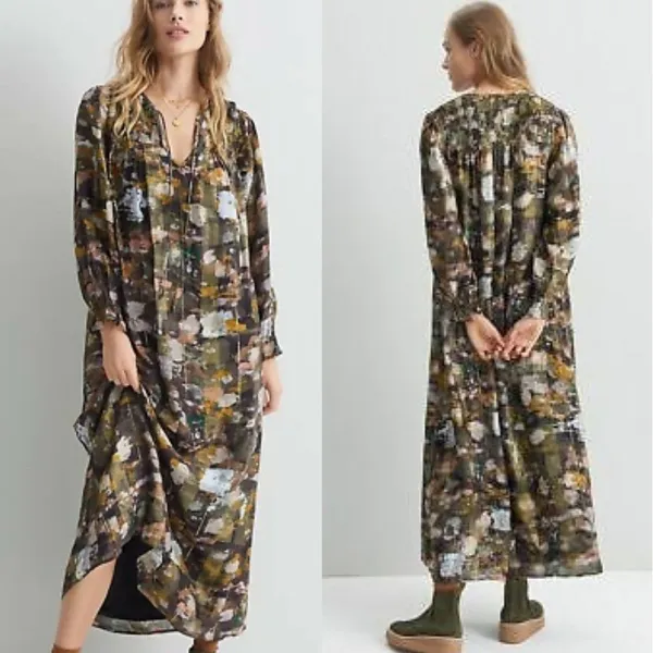 Anthropologie NWT Blair Maxi Dress Long Sleeve Smocked Gold‎ Metallic Detail S - Image 2