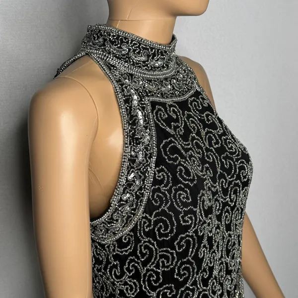 Vintage 1980s Papell Boutique Black Silver Beaded Silk Evening Top Small - Image 8