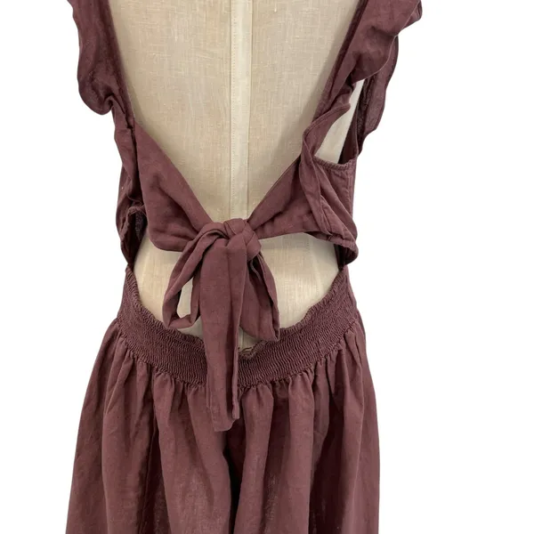 Free People Erin Ruffled Mini Dress Cut Out Back Linen Brown Size Large - Image 12