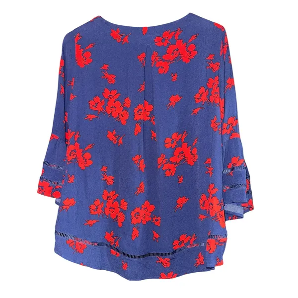 John Mark Floral Bell Sleeve‎ Top Women's Medium Navy Blue Red July Lattice Lace - Image 4