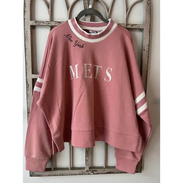 Starter Women's Pink New York‎ Mets Power Play Cropped Pullover Sweatshirt Sz L - Image 3