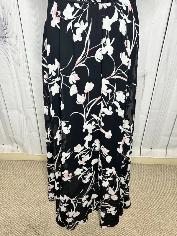 White House | Black Market Sz 8 Chiffon Black Garden Floral Elastic Waist Midi Dress Keyhole Neckline - Image 10