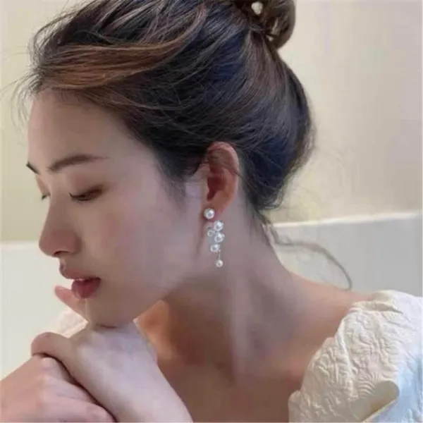 Elegant White Pearl Tassel Dangle Drop Earrings for Women - Image 3