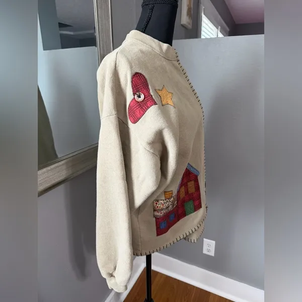 Jerzees VTG Cottagecore Granny Twee Patchwork Farmhouse Beige Cardigan Large. - Image 3